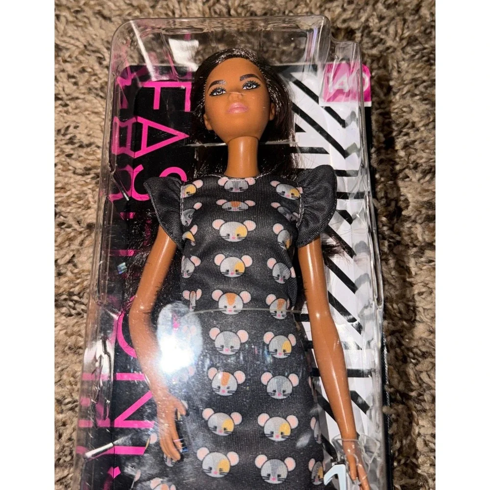 Mattel-Barbie Fashionistas Doll #140 Long Brunette Hair Mouse Print Dress (NWT)